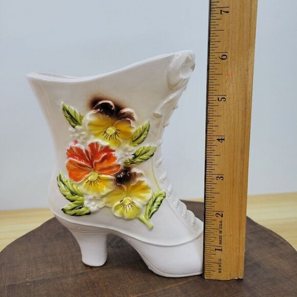 Vintage 1960's Napco Ivory Boot Vase Victorian Style Yellow & Orange Floral Vase - Picture 10 of 15